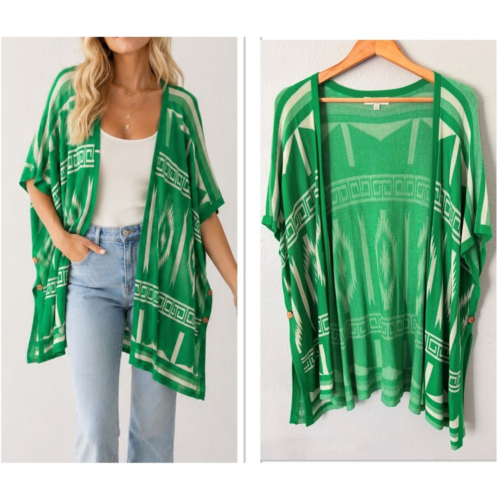 Umgee Womens Geometric Knit Kimono Cardigan S/M Green Southwestern Boho Resort - Picture 1 of 7